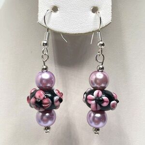 Stunning Black Pink Lilac Glass Ceramic Beaded Silver Plated Dangle Earrings